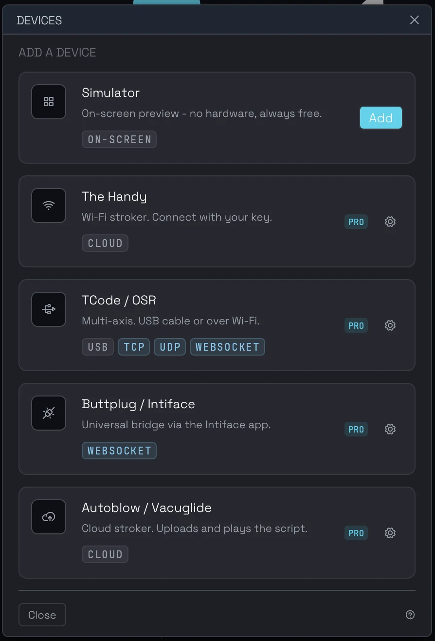 The FunGen devices dialog listing supported toys