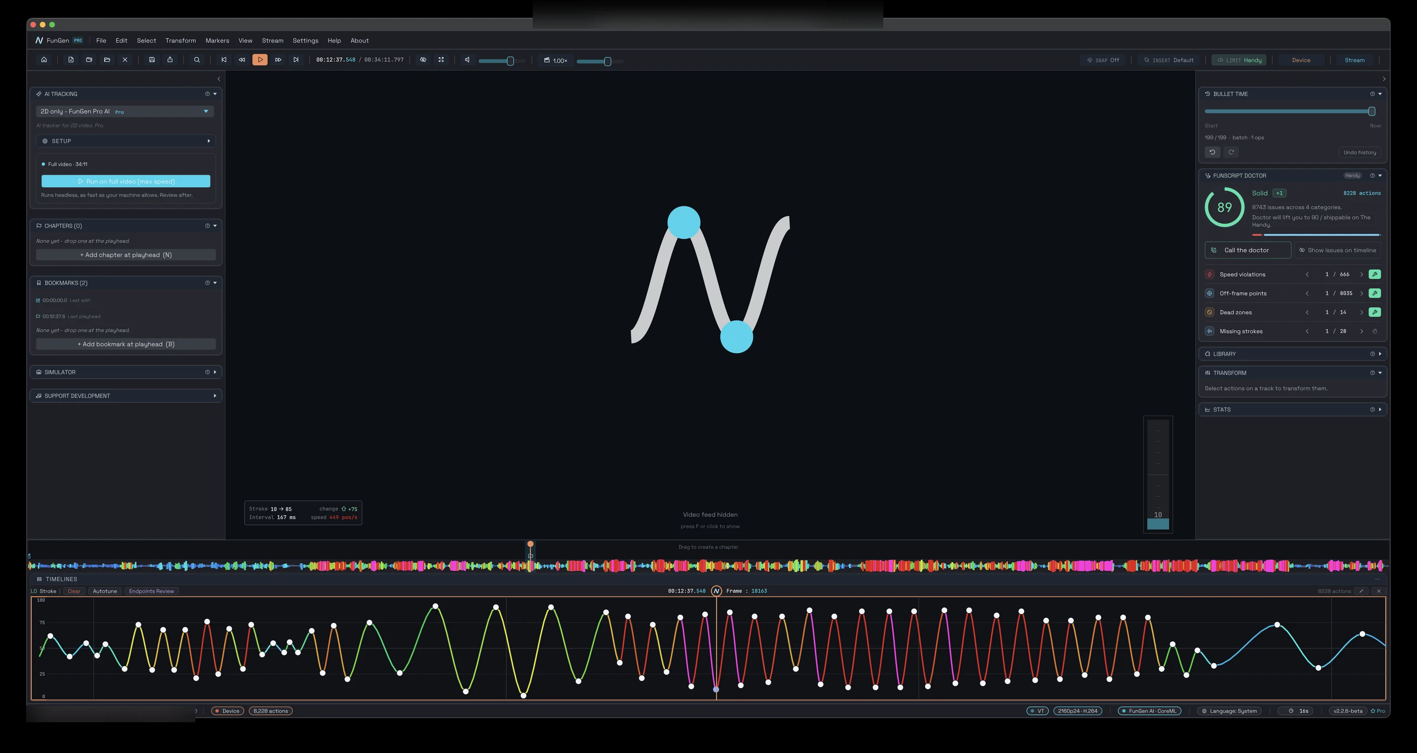 The FunGen editor with the video area, multi-axis timeline and side panels