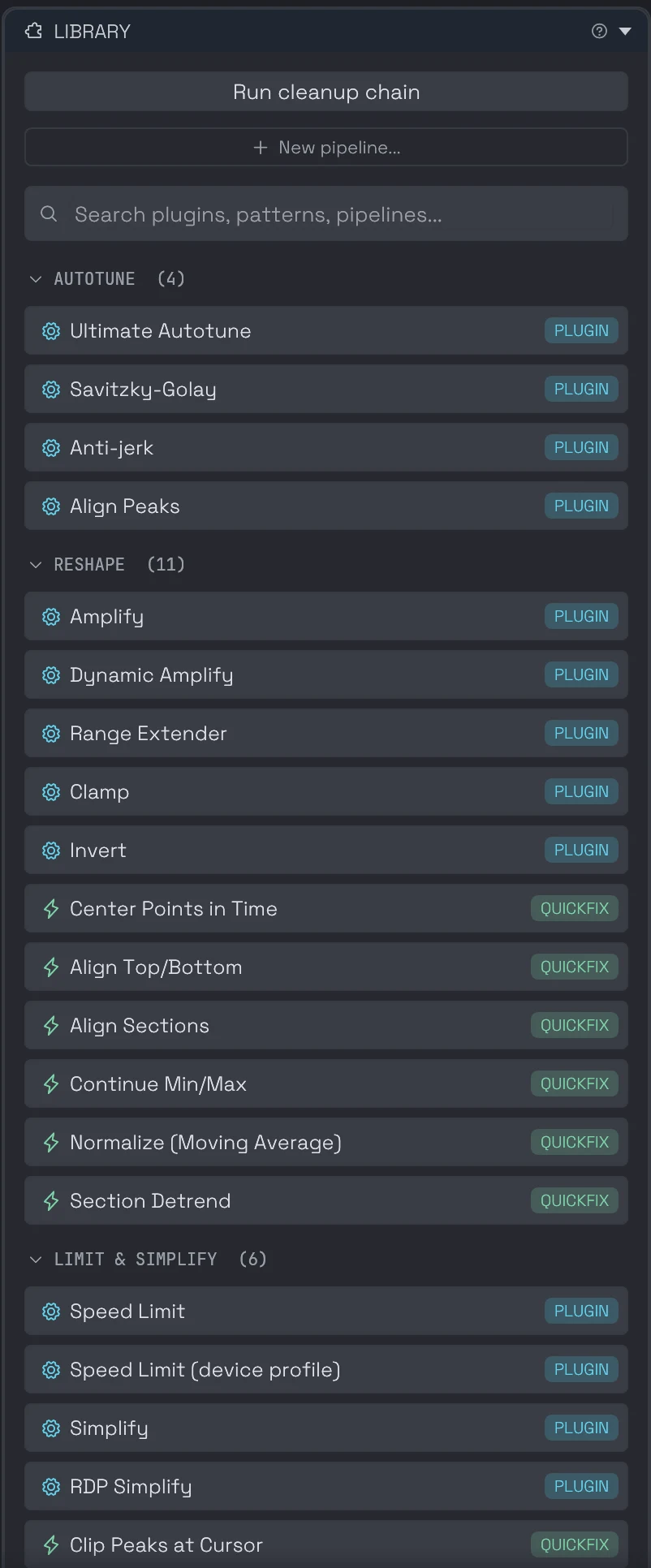 The plugin library grouped into Autotune, Reshape and Limit categories